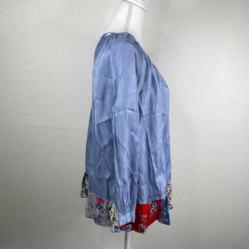John Mark Top Women's Sz XL Blue Patchwork Hem Boho Art to Wear Shimmer Unique - Picture 6 of 10